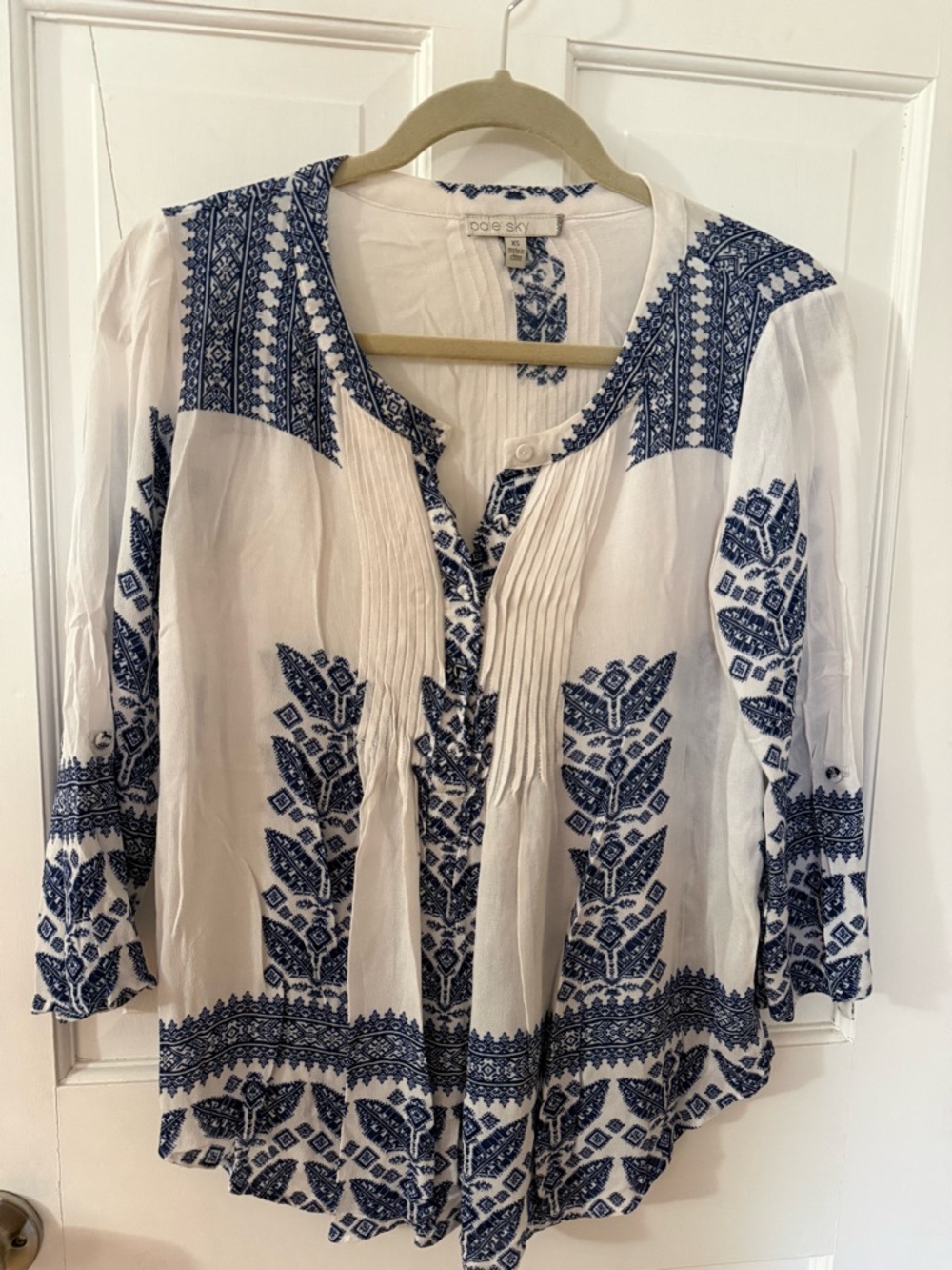 Pale Sky Blue & White Embroidered Peasant Blouse -size XS measuring- 25 x 19”